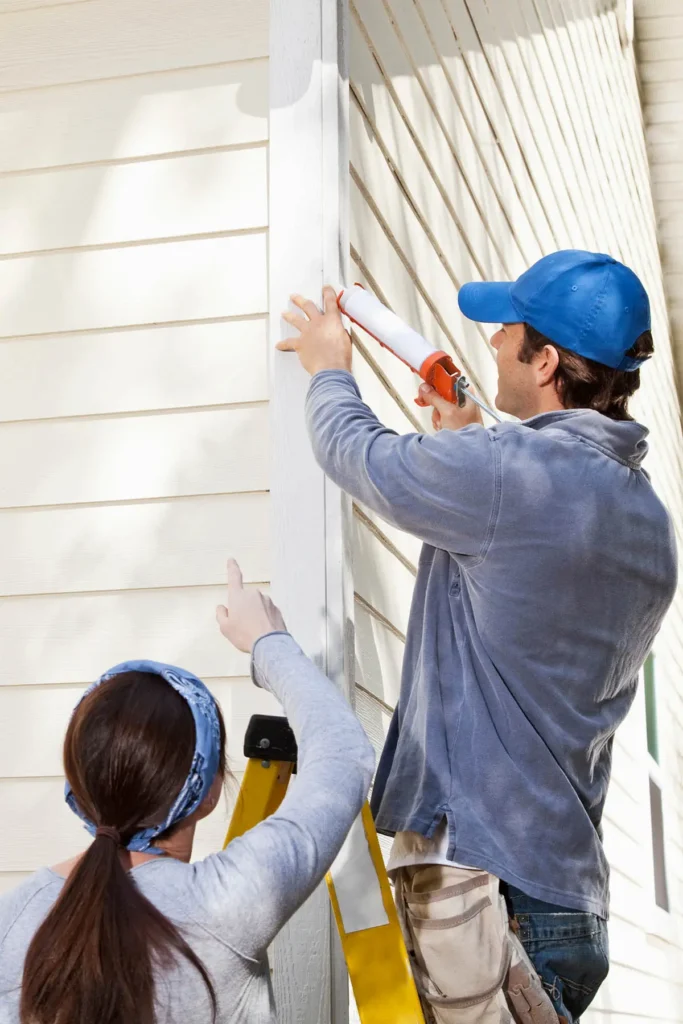 Dieses Bild zeigt zwei Personen, die Wartungsarbeiten an der Außenseite eines Gebäudes durchführen, was typisch für einen Hausmeisterservice ist. Eine Person steht auf einer Leiter und trägt eine blaue Kappe sowie eine graue Jacke. Sie verwendet eine Kartuschenpistole, um Dichtmittel auf einen Bereich der Gebäudefassade aufzutragen. Die zweite Person, die unten steht und auf die Arbeitsstelle zeigt, trägt ein graues Oberteil und ein blaues Kopftuch. Die Fassade des Gebäudes besteht aus hellen, horizontalen Paneelen. Diese Szene veranschaulicht typische Aufgaben eines Hausmeisterservices, wie das Abdichten und Instandhalten von Gebäuden.