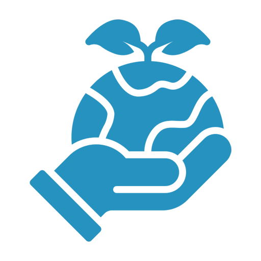 Dieses Symbol zeigt eine Hand, die eine stilisierte Weltkugel mit einem kleinen Pflanzensprössling darauf hält. Es symbolisiert Umweltfreundliche Verfahren und steht für nachhaltige und umweltbewusste Praktiken, die darauf abzielen, die Natur zu schützen und den ökologischen Fußabdruck zu minimieren.