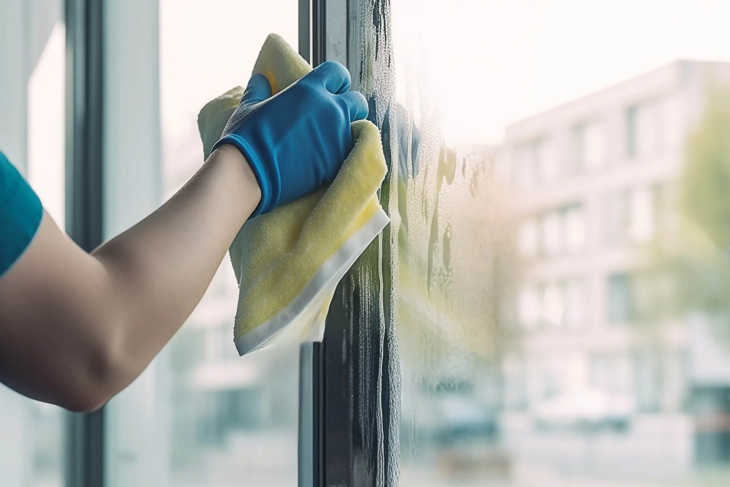Dieses Bild zeigt eine Nahaufnahme einer Hand, die eine Glasfläche reinigt. Die Person trägt blaue Gummihandschuhe und verwendet ein gelbes Reinigungstuch, um die Fensterfläche gründlich zu säubern. Auf dem Glas ist Reinigungsmittel sichtbar, das gerade abgewischt wird. Der Hintergrund zeigt ein unscharfes Gebäude, was darauf hindeutet, dass die Reinigung sowohl innen als auch außen stattfinden könnte. Das Bild symbolisiert die Innen- und Außenreinigung von Glasflächen, bei der Fenster und andere Glasoberflächen gründlich gereinigt werden, um klare Sicht und Sauberkeit sowohl von innen als auch von außen zu gewährleisten.