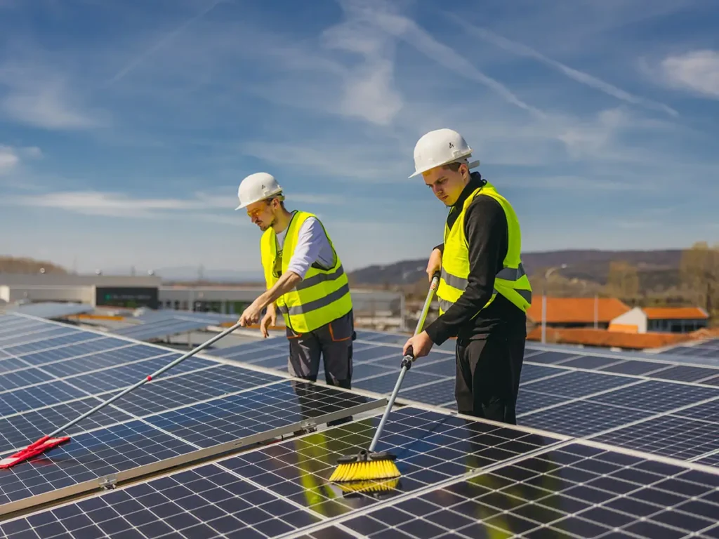 Dieses Bild zeigt zwei Personen, die Photovoltaikanlagen auf einem Dach reinigen. Beide tragen gelbe Warnwesten und weiße Schutzhelme, was auf die Arbeitssicherheit hinweist. Sie benutzen lange Bürsten, um die Solarmodule zu säubern. Der Himmel ist klar und blau, und im Hintergrund sind Berge und weitere Gebäude zu sehen. Diese Szene veranschaulicht die Reinigung und Wartung von Solaranlagen, um deren Effizienz und Langlebigkeit sicherzustellen.