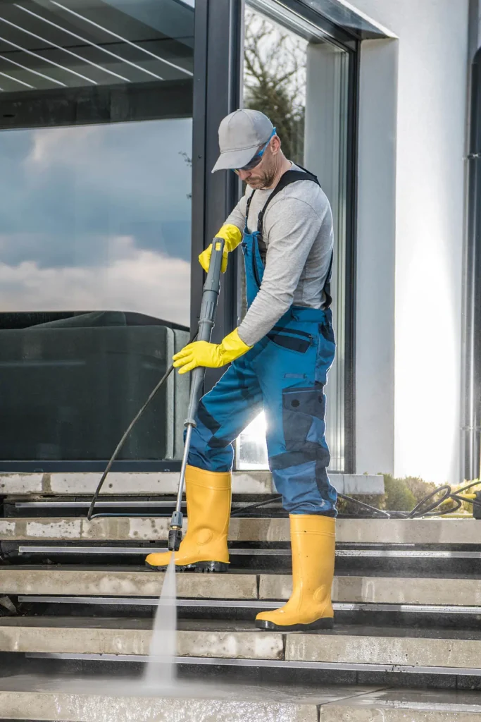 Bild zeigt eine Person, die eine Treppe im Freien mit einem Hochdruckreiniger säubert. Die Person trägt eine blaue Latzhose, gelbe Gummistiefel und gelbe Gummihandschuhe sowie eine graue Kappe. Sie richtet den Wasserstrahl des Hochdruckreinigers auf die Treppenstufen, um diese zu reinigen. Im Hintergrund ist ein modernes Gebäude mit großen Glasfenstern zu sehen.