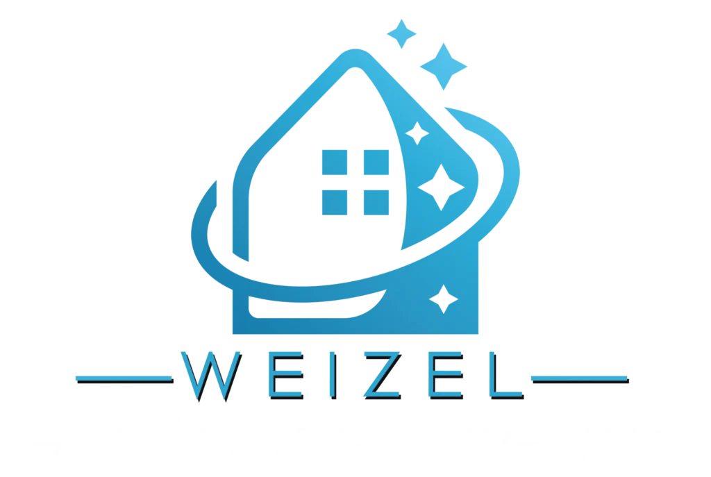 Dieses Bild zeigt das Logo von Weizel Gebäudereinigung. Es besteht aus einem stilisierten Haus mit vier Fenstern, umgeben von einem geschwungenen Element und funkelnden Sternen, die Sauberkeit und Glanz symbolisieren. Unter dem Symbol ist der Firmenname "Weizel" in klarer, moderner Schriftart dargestellt, gefolgt von dem Wort "Gebäudereinigung" in einer eleganten, serifenlosen Schrift. Das Logo repräsentiert das Engagement des Unternehmens für Sauberkeit und professionelle Dienstleistungen in der Gebäudereinigung.