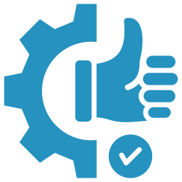 Dieses Bildsymbol zeigt ein Zahnrad mit einem Daumen-hoch-Symbol und einem Häkchen. Es symbolisiert Flexibilität und Zuverlässigkeit.